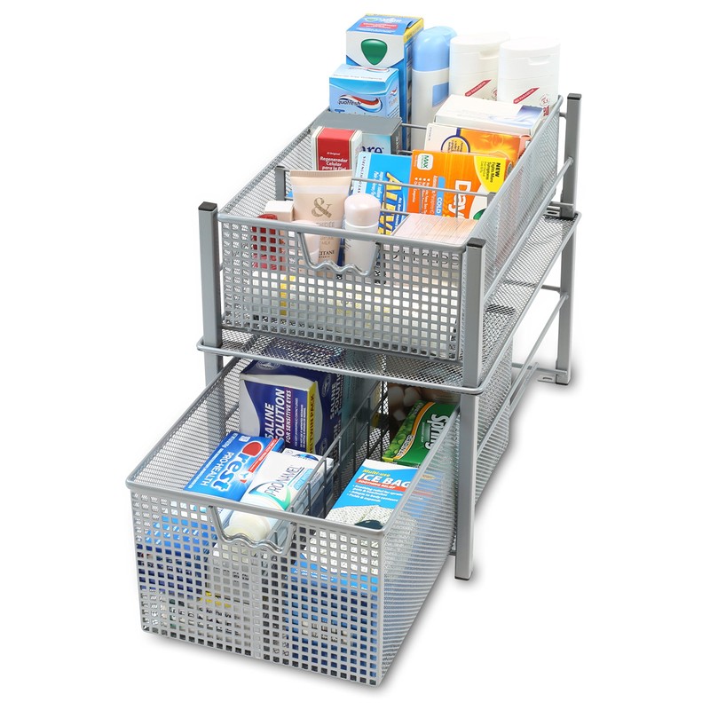 DecoBros Mesh Cabinet Basket Organizer with Split Card, Silver (Large