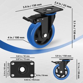 4 Inch Caster Wheel with Brake,Heavy Duty Casters Set of 4,Swivel Top Plate Casters with Double Ball Bearings,Industrial Locking Castor Wheels for Furniture, Workbench, Cabinet
