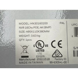 Honeywell HN30160200 30 Series 4K 16-Channel H.265/H.264 PoE NVR, No HDD Include