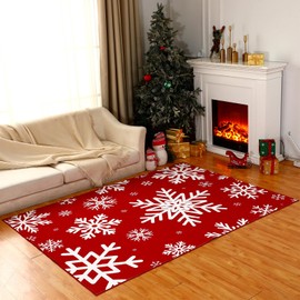 Drydiet Christmas Area Rug Xmas Snowflake Washable Non Slip Rug, Red White Xmas Winter Door Mat Holiday Decor Carpet for Living Room Bedroom Dining Room Kitchen Bathroom Hallway (5 x 7 Feet)