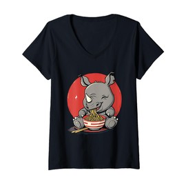 Womens Cute Rhino Eating Ramen Kawaii Rhino Ramen Bowl Animal Art V-Neck T-Shirt