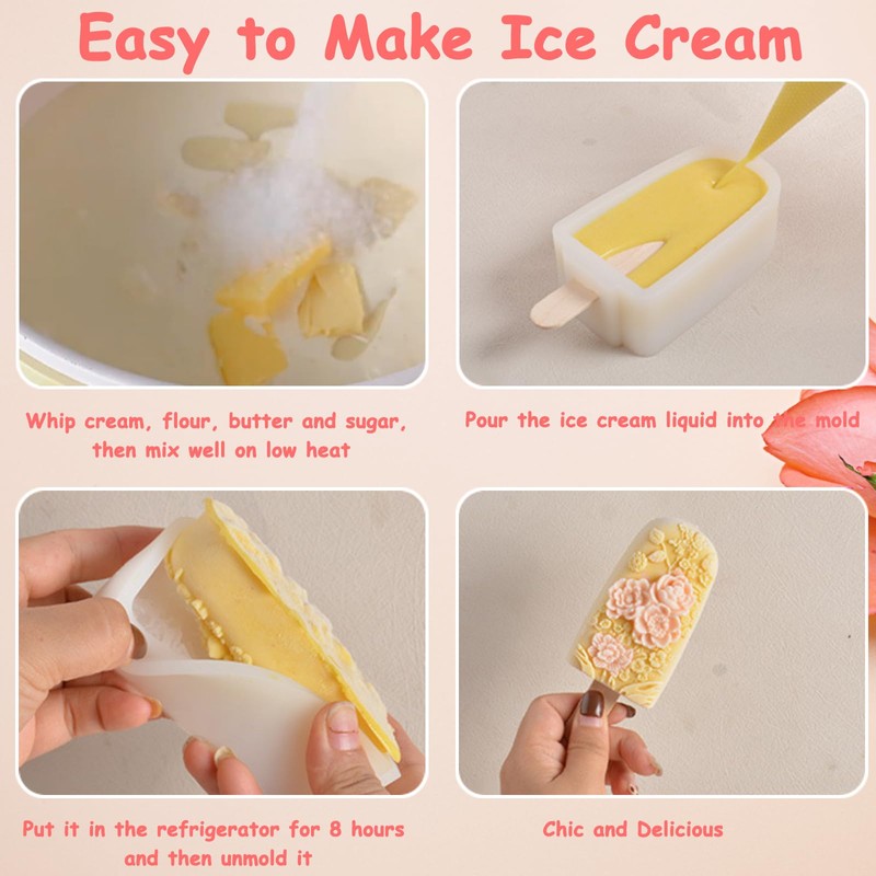 4 Pcs Popsicles Molds Flower Ice Cream Silicone Molds Floral