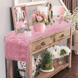 yuboo Pink Dresser Runner and Topper Cover 48 inches, Fluffy Fur Small Desk Topper Decor for Pink Home Decorations
