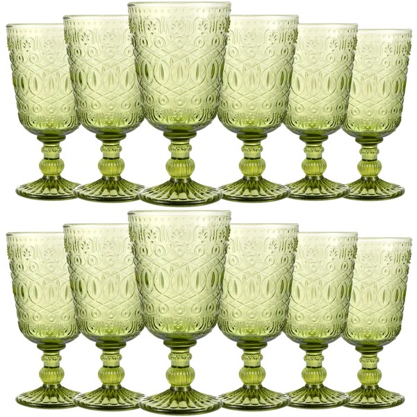 Wine Glasses Set of 12 Vintage Goblet 9 oz Vintage Colored Glass Goblet Beverage Stemmed Glass Cups Romantic Embossed Glassware for Wedding Party Holidays Anniversary (Green)