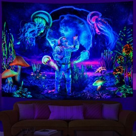 Heopapin Blacklight Astronaut Tapestry UV Reactive Plants Jellyfish Wall Tapestry Neon Galaxy Space Tapestries Wall Hanging for Room W59×H51