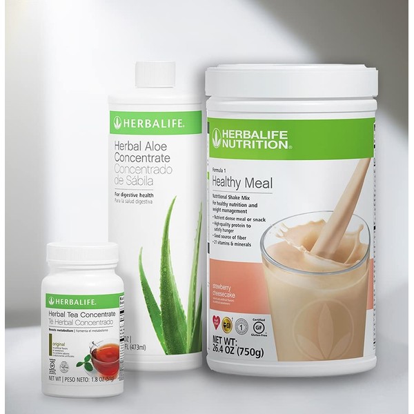 HERBALIFE Trio Combo Formula 1 Healthy Nutritional Shake Mix (Strawberry Cheesecake 750g)-Herbal Aloe Concentrate Pint (Original 473ml) - Herbal Tea Concentrate (Original 51g)