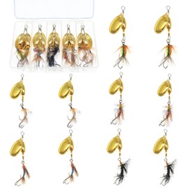 FREGITO 10Pcs Fishing Spinner Lure Kit - Brass Spinner Blades with Fly Hooks, Rotating Metal Spinner Baits for Freshwater & Saltwater Fishing, High-Reflection Fishing Lures
