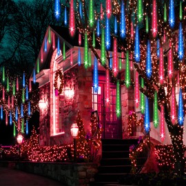 Adecorty Christmas Lights Outdoor Tree Cascading Icicle Light 8 Tubes 192LED Shooting Star Waterfall Meteor Shower Falling Rain Lights for Xmas Decorations Wedding Party New Year (Multi Color)