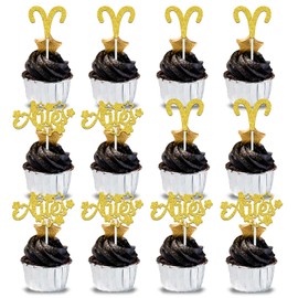 12Pcs Aries Cupcake Topper, Big Aries Energy/Aries Season, 12 Constellation March/April Birthday Cupcake Decoration, Horoscope Astrology Birthday Party Supplies, Gold Glitter