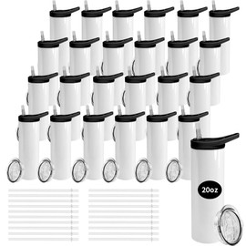 Icesip 25 pack Sublimation Tumblers 20 oz Skinny Straight Blanks,Stainless Steel Sublimation Sports Water Bottle with Flip Straw Lid Double Wall Vacuum Insulated Tumblers with 2 Lids