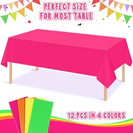 12 Pcs Neon Color Plastic Tablecloth for Rectangle Tables, Disposable Assorted Color Table Cloth, Pink Orange Yellow Green Colorful Table Cover for Neon Birthday Picnic Party Decorations, 54 x 108Inch