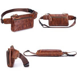 Myunxui Vintage Genuine Leather Waist Bag Fanny Pack for Men Women Hip Bum Bag Travel Pouch Sling Bag Crossbody Chest Bags Shoulder Daypack Multiple Pockets Waist Pack Brown