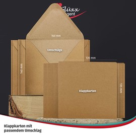 Glüxx-Agent 30 Kraft Paper Card Set Square Folding Cards 135 x 135 mm with Envelopes, 140 x 140 mm,Brown
