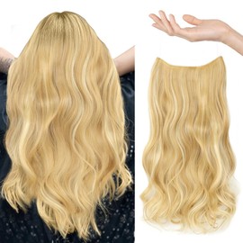 Invisible Wire Hair Extensions Curly Seamless Hairpiece Synthetic Clip in Hair Extensions for Women 20 Inch Light Brown mix White Blonde