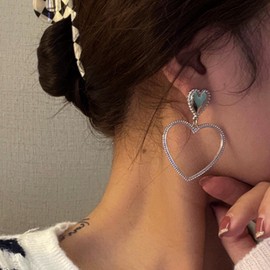 Aneneiceera Heart Hoop Earrings Drop Earrings Vintage Silver Big Love Heart Earrings Interlocking Heart Earrings Statement Wedding Earrings Hollow Heart Prom Stud Earrings for Women and Girls, Silver