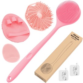 Manmihealth Silicone Back Scrubber & Soft Bath Glove Set 4 PCS(Thin Bristles), Super-Exfoliating Body Scrubber & Super-Lathering Shower Face Brush Combination, with 2 Free Hooks (Pink)