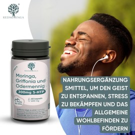 RedMoringa - Griffonia 300mg 5-HTP Tryptophan | mit Bachblüte Agrimonia, Vitamin B6 & Bio-Moringa | Made in Italy | (180 Kapseln)