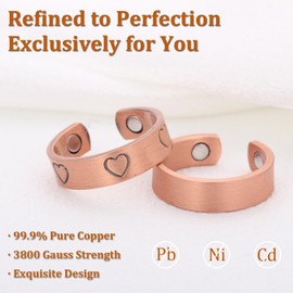 Fashtour 2PCS Magnetic Copper Rings for Women, Elegant Lymphatic Jewelry Gifts, Vintage Adjustable Heart Design (Copper)