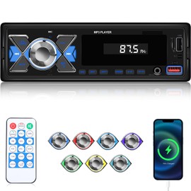 Car Radio 1 DIN with EQ - Car Radio Bluetooth with FM Radio, Voice Assistant, App Location, USB Disk/AUX/TF Input, Power Off Memory, Colourful Backlight + Remote Control