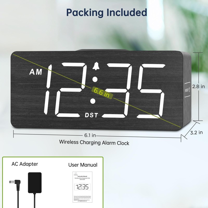 DreamSky Wooden Digital Alarm Clock with Wireless Charging for Bedroom,