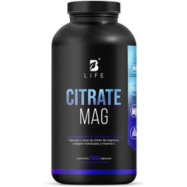 B Life Citrato de Magnesio Puro | 500 cápsulas | 2400 mg por porción | Alta absorción | Adicionado con Vitamina C y Colágeno Hidrolizado | Ingredientes Naturales | Citrate Mag