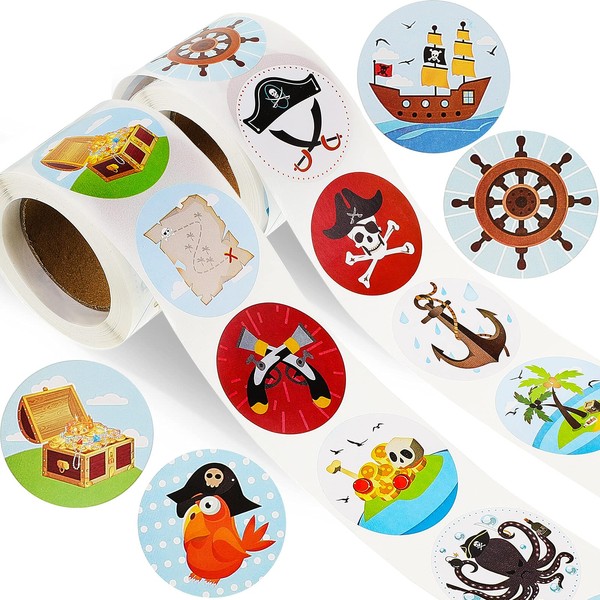 Outus 1000 Pieces Pirate Stickers Fun Pirate Themed Stickers Assorted Pirate Roll Stickers Pirate Wall Decals Pirate Birthday Party Favor Stickers for Girls Boys