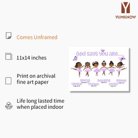 God Says You Are Christian Bible Verses - Purple Ballerina Baby Girl Room Decor - Black Afro African American Girl Wall Art - Religious Room Decor for Toddler Nursery Bedroom Decor - 11x14 Prints Gift