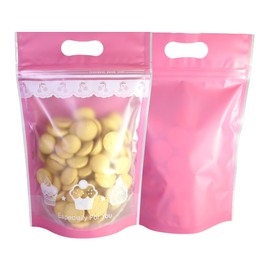 Frosted Window Pink Bakery Carry-Out Handle Resealable Bags for Baked Goods, Cookies, Pastry, Sweet Treats for Small Business, Bake Sales, Pop Up Shop 5.91 inch x 9.45 inch (500)