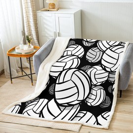 Volleyball Print Plush Blanket 3D Volleyball Games Fleece Throw Blanket Black White Ball Sherpa Blanket for Bed Sofa Couch Kids Microfiber Sports Theme Warm Fuzzy Blanket Room Decor Throw 50"x60"