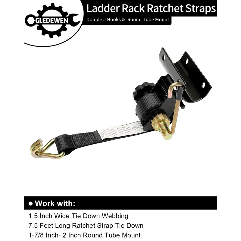 Ladder Rack Ratchet Straps with J-Hook (4PCS), 2" Black Round