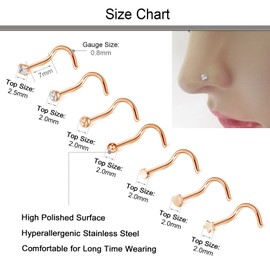 D.Bella Rose Gold Nose Rings Studs-20G 21pcs Nose Rings Studs Nose Screw Stainless Steel Nose Studs