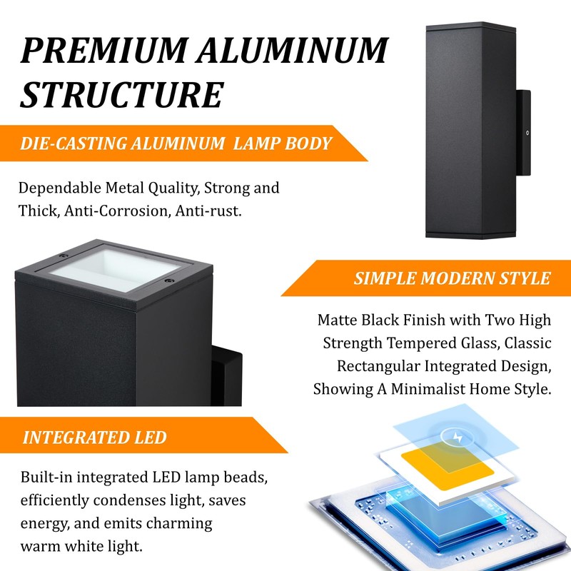 DAKAFUL Dimmable Wall Lights Outdoor 2 Packs, Integrated LED Square