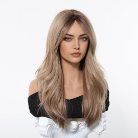 Tumhorn Light Brown Layered Wig with Curtain Bangs for Women Highlight Brown Mixed Blonde Wavy Wig Natural Looking Synthetic Heat Resistant Wigs for Daily Party Use
