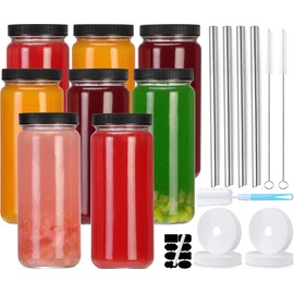 ASANMEYO 16 OZ 8-Pack Glass Juice Bottles with 8 Airtight Lids & 4 Straw Hole Lids & 4 Straws - Travel Juicing Jars, Drinking Water Cups, Reusable Tall Mason Jar for Juice, Bubble Tea, Smoothie