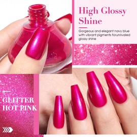 COSMOO Hot Pink Nail Polish, 12ml Quick Dry Nail Lacquer, Super Lustrous Nail Enamel Polish, Shimmer Iridescent Ultrachrome Nail Art Varnish, 0.41 fl oz