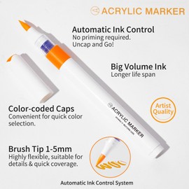 9 Colors Acrylic Paint Markers, Direct Liquid Acrylic Marker Pen with Automatic Ink Control System, Brush Tip for Rock Painting, Wood, Stone, Fabrics, DIY Craft (Pig 2.0)