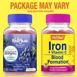 WellYeah Iron Gummies with Vitamin C -Anemia and Cellular Energy Support, Promotes Red Blood Cell Formation - Energy & Immune System Support -Natural Grape Flavor-60 Gummies