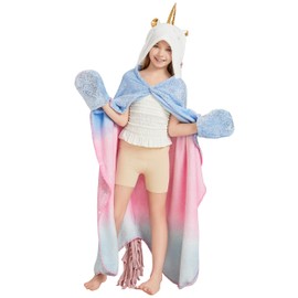 Unicorn Wearable Hooded Blanket for Girls, Cozy Flannel Hoodie Throw Cloak Wrap with Rainbow Ombre Glittering Fish Scale Design, Christmas Birthday Mermaid+Unicorn Gifts for Daughter