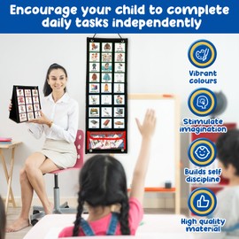 Kids Visual Schedule Calendar Chart,Autism Daily Chore Routine Chart With 70 Cards Autism Learning Materials Kids Visual Behavioral Tool Wall Planner for Home School Classroom Boys Girls Children (Black)