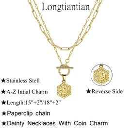 Long tiantian Silver Layered Initial Necklaces for Women Gifts Trendy Stuff Silver Gold Paperclip Link Chain Necklace Coin Letter Pendant Choker Toggle Clasp