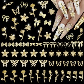 180 Pcs Metal Golden 3D Flower Rose Butterfly Nail Charms, Alloy Bow Bowkont Nail Studs Charms, Golden Butterfly Flower Nail Charms for Acrylic Nails, Gold Bows Nail Jewelry for Nails DIY Y2K
