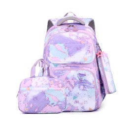 Amythe Schulrucksack Mädchen 3 Teilig, Rucksack Schule Teenager, Grundschule Mittelschule Schultaschen-Set Lunchtasche Federmäppchen, Kinderrucksack Schulranzen für 3-9 Klasse, Lila