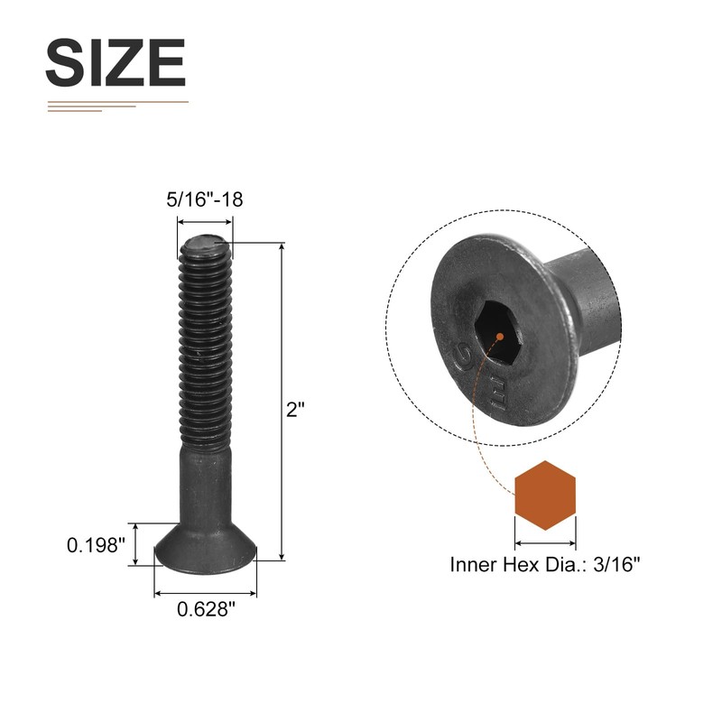 DTGN 5/16-18x2" Flat Head Socket Cap Screws, 10 Pack Hex