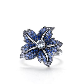 Santuzza 925 Sterling Silver Lily Ring Blue Spinel Nano Cubic Zirconia Gemstone Flower Statement Ring for Women (7)