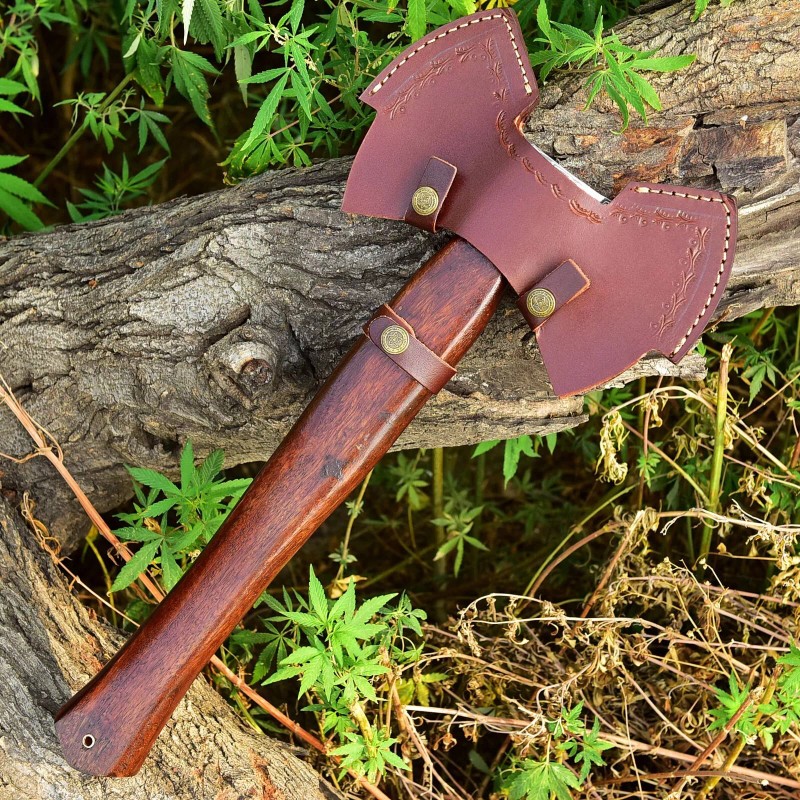handmade forged Damascus steel double head axe Labrys tomahawk leather