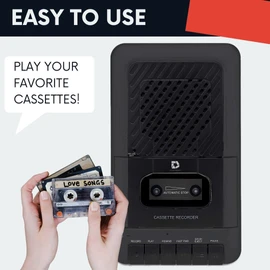 Portable Cassette Player Tape Recorder. Record to Cassettes via Mic or Aux in. Built-in Speaker to Listen to Cassettes. Includes External Mic, Aux in Cable and AC Adapter