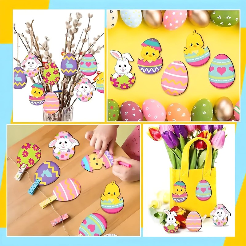 Pack of 24 wooden Easter pendants, 8 Easter decorations, wood,