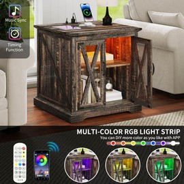 YITAHOME Farmhouse Side Table with Charging Station & RGB LED Illumination, Spacious Dual-Door Storage, Luxury Nightstand for Modern Living Room & Home Office (Dark Rustic Oak)