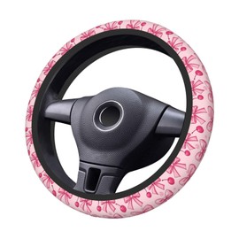 Steering Wheel Cover Pink Bows Cherry Elastic Neoprene, Anti-Slip Universal Fit 14.5-15 Inch, Car Accessories Interior Decoration Wheel Protector for Cars, SUVs, Trucks