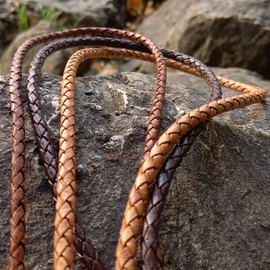 Plaited Leather Cord 3 mm Round Antique Brown. Length: selectable, Black , 5 metres
